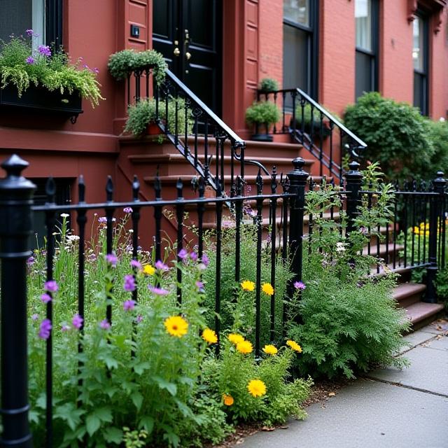 Charming Brooklyn brownstone front garden featuring a variety of native pollinator plants and traditional iron fencing