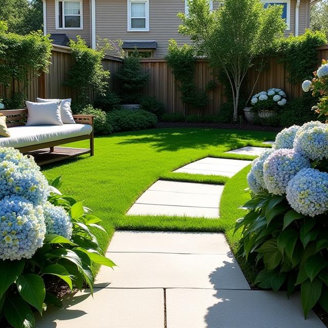 Beautifully renovated backyard in Queens with smooth stone pavers, vibrant green lawn, and blooming hydrangeas
