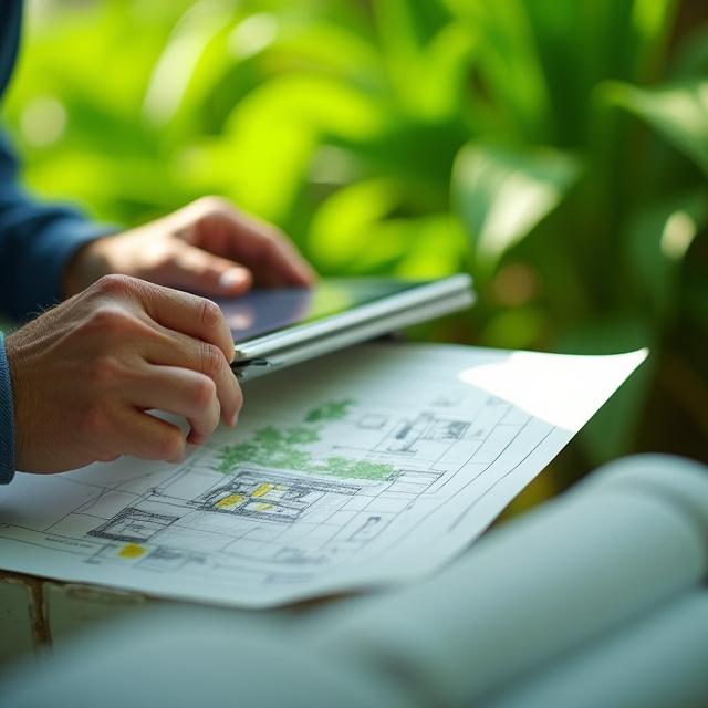 Landscape architect using a tablet for detailed garden planning with green foliage in the background